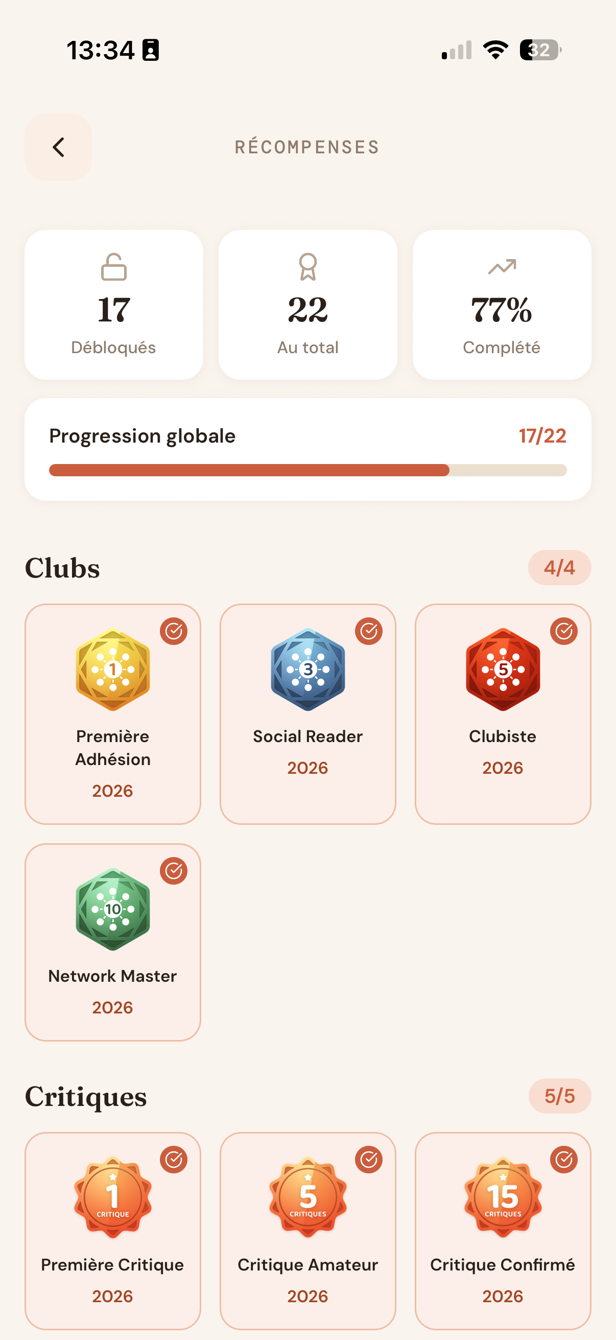 Écran des badges à débloquer dans l'application Booklub