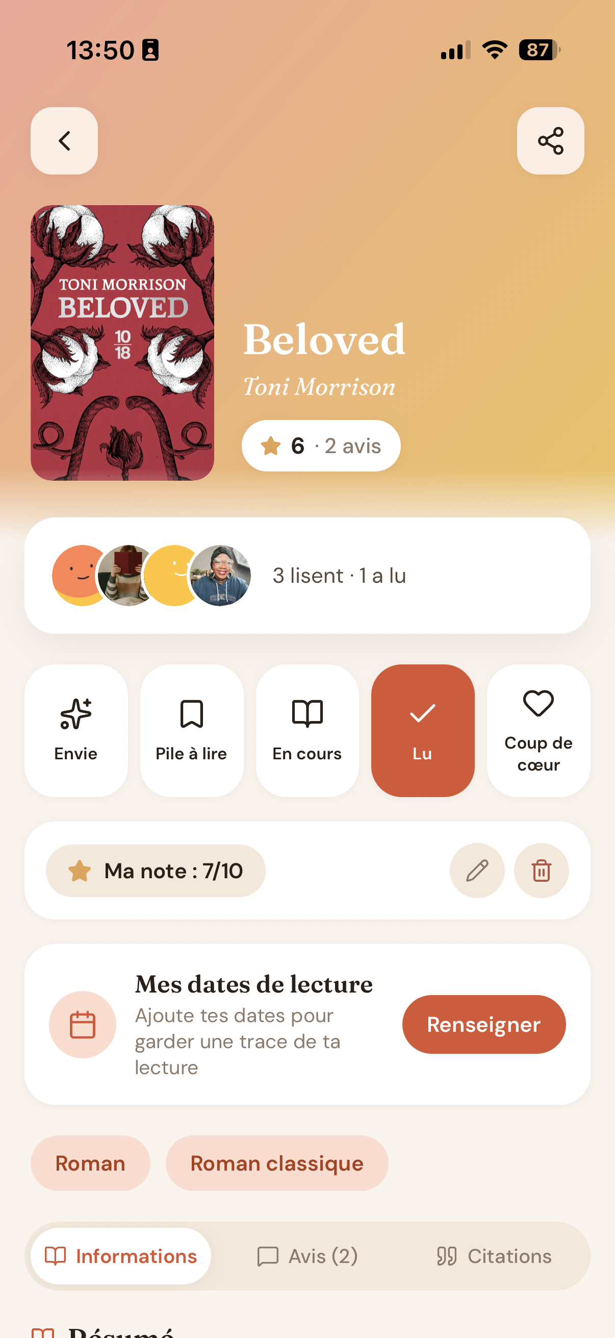 Page d'un livre avec avis et citations dans l'application Booklub