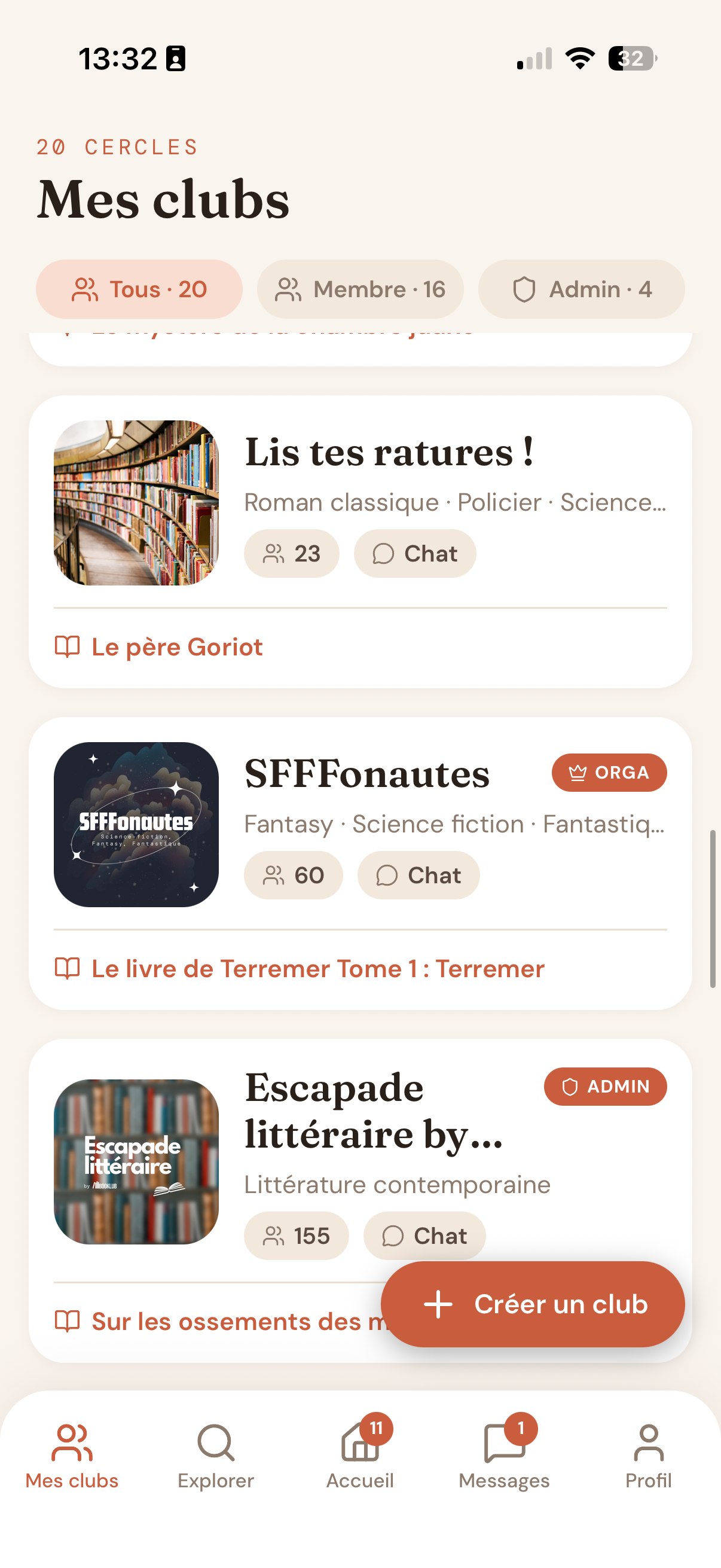 Écran des clubs dans l'application Booklub