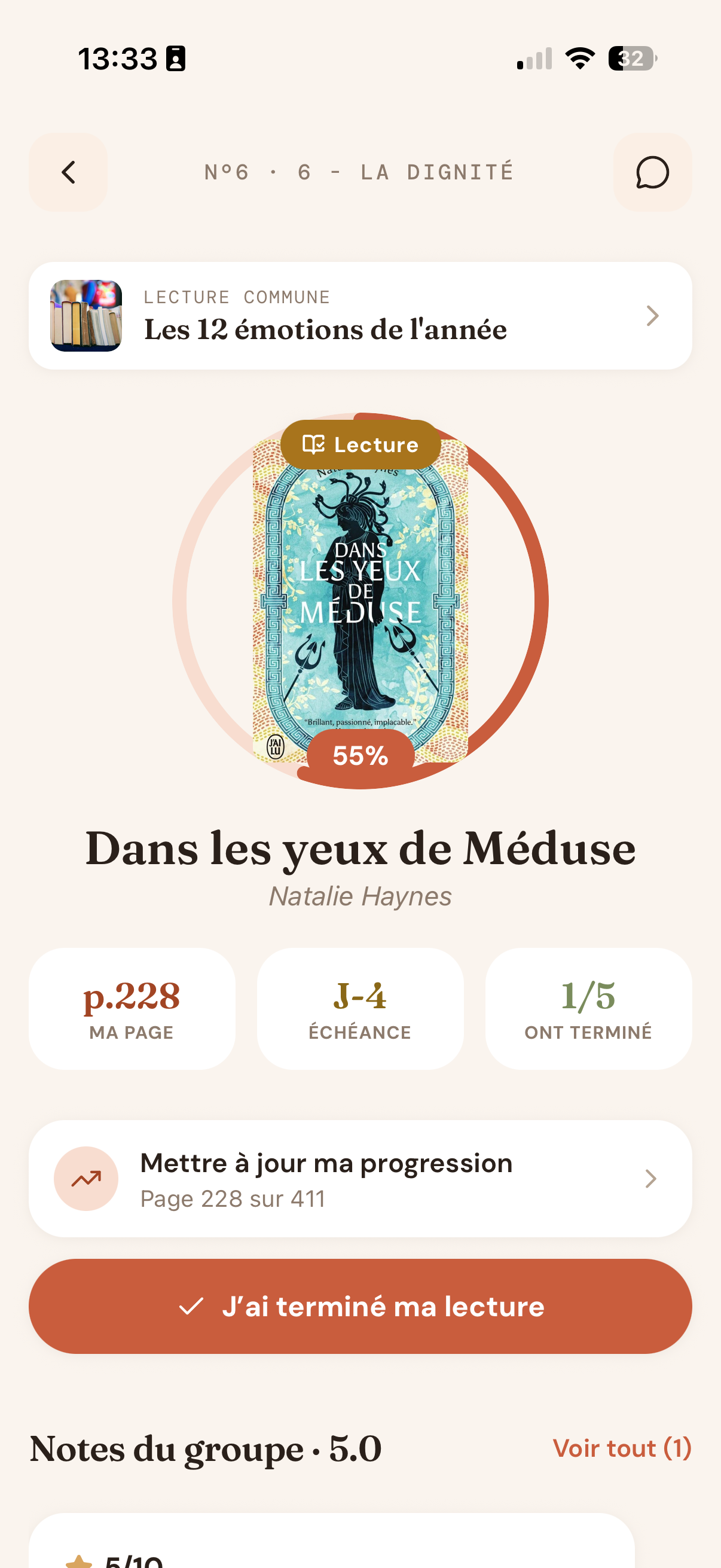Écran de suivi d'une session de lecture dans l'application Booklub