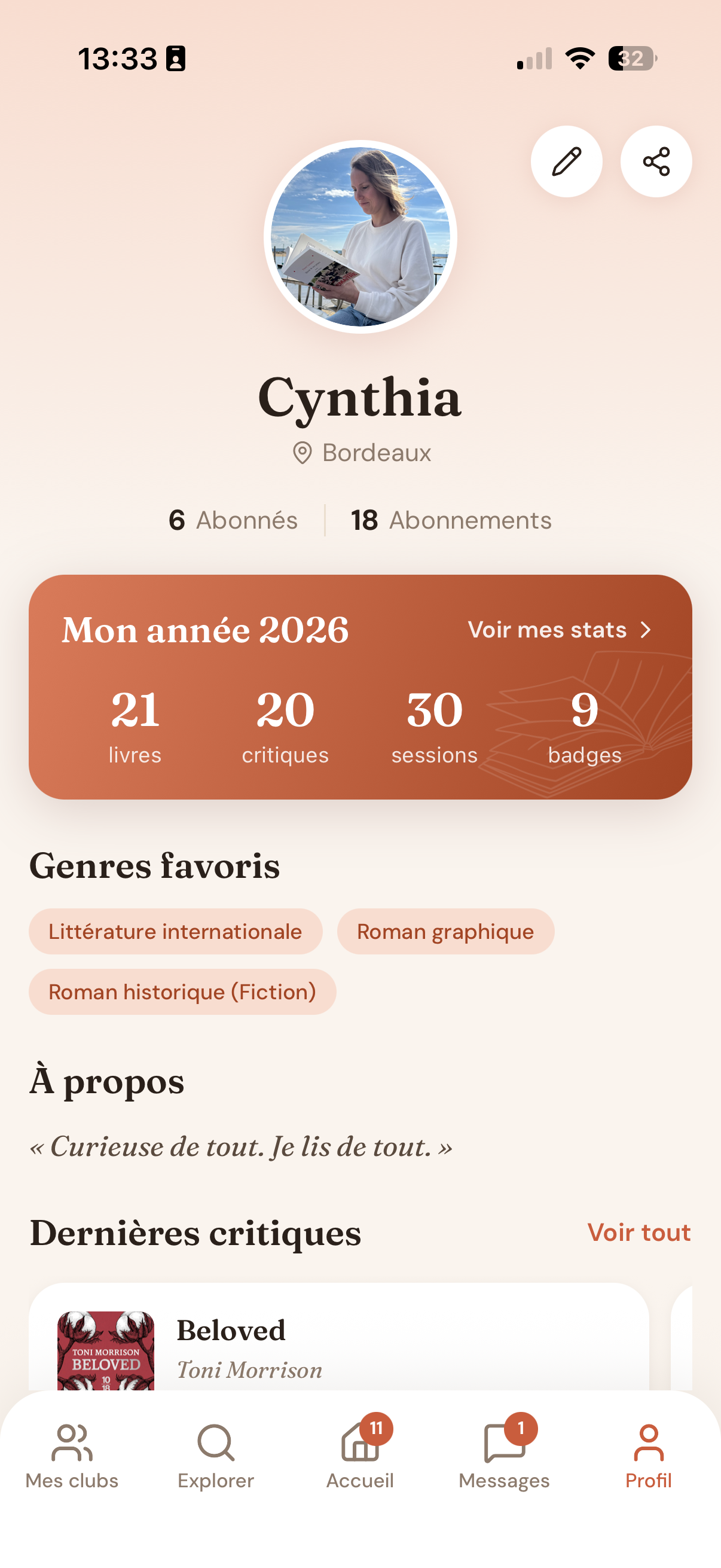 Écran des statistiques de lecture « Mon année » dans l'application Booklub